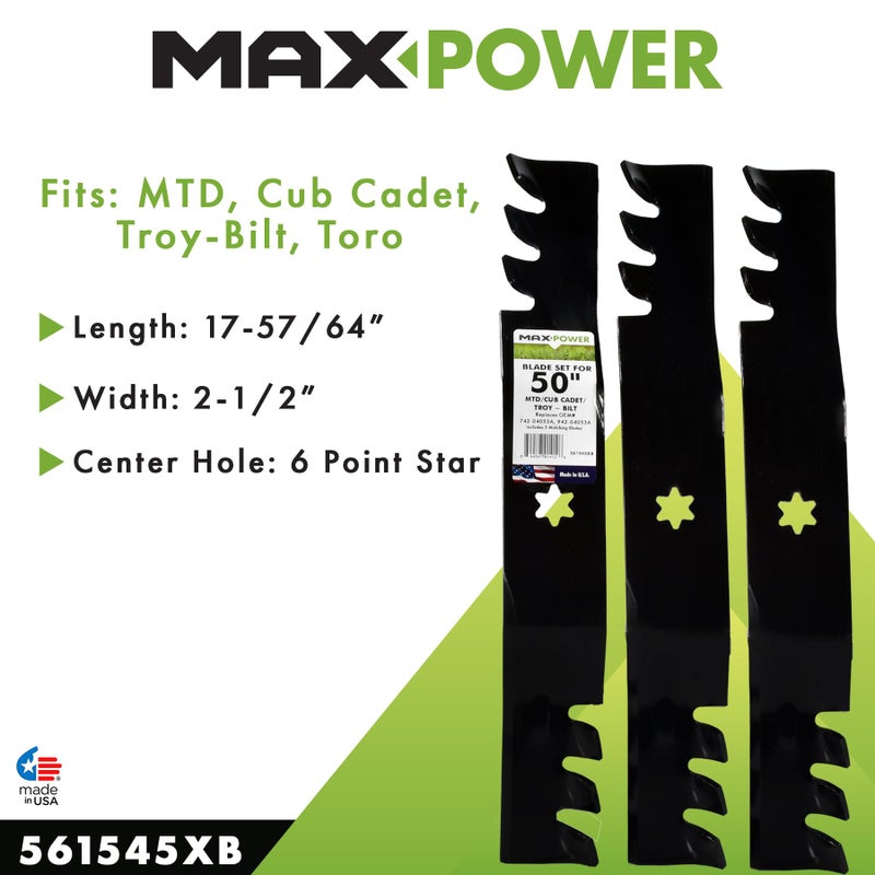 Maxpower مجموعة تقطيع تجارية ثلاثية الشفرات MaxPower 561545XB للعديد من آلات القطع 50" MTD وCub Cadet، بديل رقم OEM 742-04053، 942-04053، أسود - Image 2